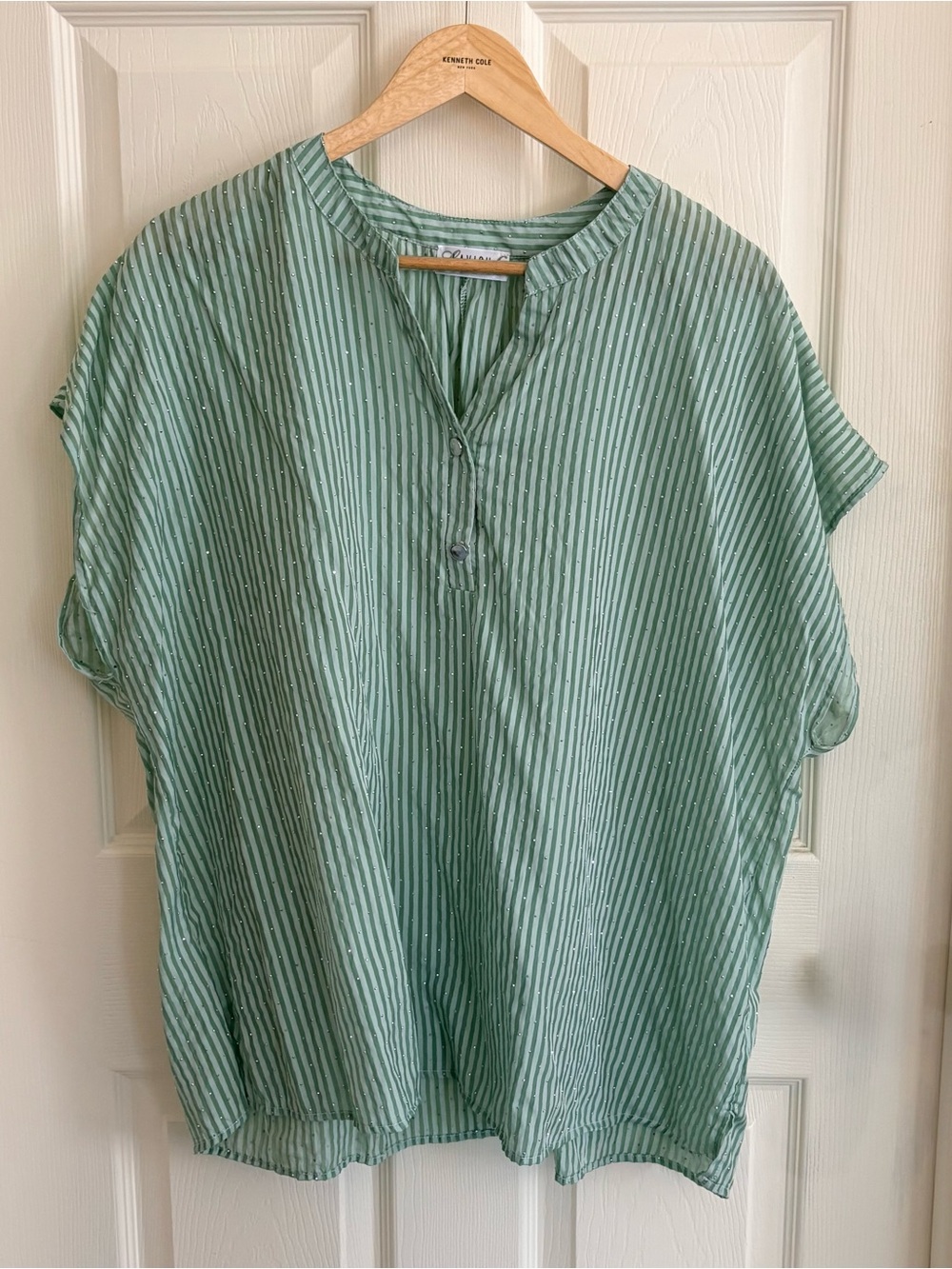 Lavish Mint Green Striped Top with Sparkly Rhinestone Embellishments 3X